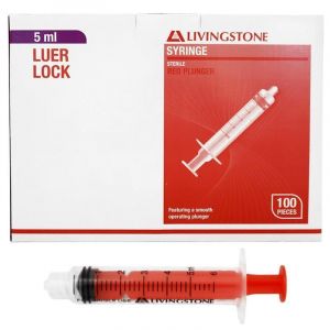 Livingstone Syringe Luer Lock Tip Red Plunger Sterile 5ml 100 Pieces/Box