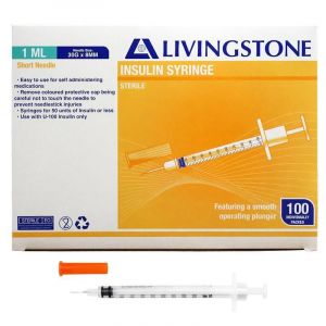Livingstone Insulin Syringes 1mL White Plunger with Needle 30 Gauge Sterile 100 Pieces/Box