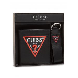 Ensemble Guess porte-cl&eacute;s en cuir noir et portefeuille pliant Daelon rouge/noir homme