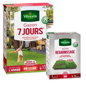 Gazon 7 jours - 1 kg + Soin Regarnissage Universel 2 en 1 - 500 g | Vilmorin Jardin