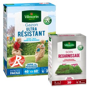 Gazon Ultra R&eacute;sistant - Label Rouge - 1 kg + Soin Regarnissage Universel 2 en 1 - 500 g | Vilmorin Jardin