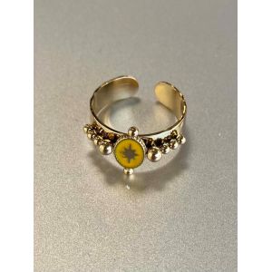 Bague Acier r&eacute;glable - Ovale centre &eacute;toile et perles dor&eacute;es sur jonc