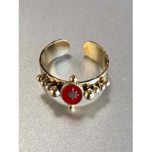 Bague Acier r&eacute;glable - Ovale centre &eacute;toile et perles dor&eacute;es sur jonc