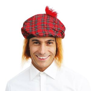 B&eacute;ret &eacute;cossais en tissu tartan adulte avec cheveux