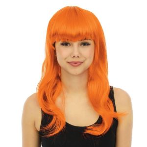 Perruque longue raide avec frange orange