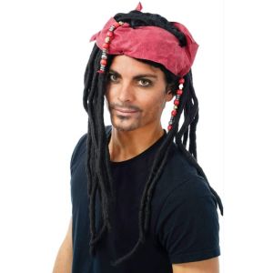 Perruque Jack Foulard pirate rouge avec cheveux rasta noirs