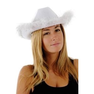 Chapeau feutre cow girl avec plumes adulte, Blanc