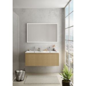 Meuble vasque suspendu plaqué chêne miel strié l.120 cm + plan double vasque blanc mat résine, Pura+
