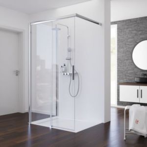 Porte de douche coulissante avec paroi lat&eacute;rale ouverture gauche l.140+90 x H.200 cm, verre transparent anticalcaire profil&eacute; chrom&eacute;, Schulte Imperial