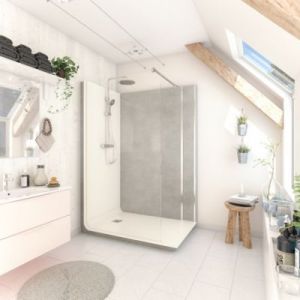 Cabine de douche &agrave; l&rsquo;italienne l.90 x L.140 x H.218 cm &ndash; effet pierre grise, receveur de plain-pied, Elmer Serenity