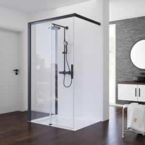 Porte de douche coulissante avec paroi lat&eacute;rale ouverture gauche l.140+80 x H.200 cm, verre transparent anticalcaire, profil&eacute; noir, Schulte Imperial