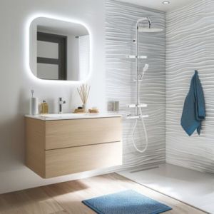 Colonne de douche thermostatique anti-brûlure avec tablette, pomme de tête ronde, douchette et flexible, chrome, Valentin Opium