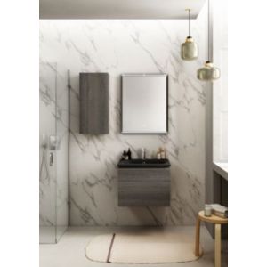 Meuble vasque suspendu effet chêne Metz l.60 cm + plan vasque noir résine, Pura+