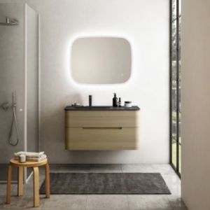 Ensemble salle de bains L. 104 cm meuble sous vasque décor chêne clair + plan vasque à gauche noir mat Alba