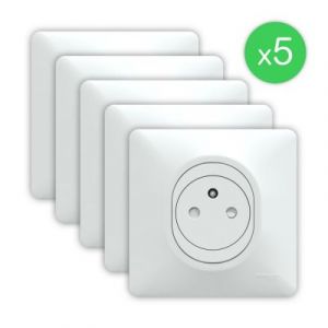 Prise de courant avec terre affleurante compl&egrave;te Schneider Electric Ovalis blanc, lot de 5