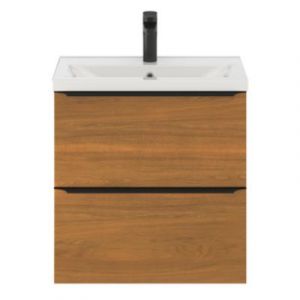Meuble vasque suspendu faible profondeur effet noyer l.60 cm Imandra + plan vasque blanc céramique Nira, GoodHome