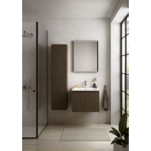 Meuble vasque suspendu plaqué noyer strié l.60 cm + plan vasque blanc mat résine, Pura+