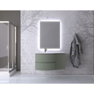 Ensemble Vague L.104 cm meuble sous vasque à suspendre kaki mat + complément droit + plan vasque résine blanc