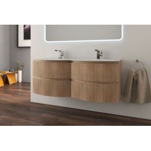 Ensemble sous vasque + plan vasque double verre l.138 cm, effet bois strié, Vague
