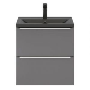 Meuble vasque suspendu faible profondeur gris brillant l.60 cm Imandra + plan vasque noir céramique Nira, GoodHome
