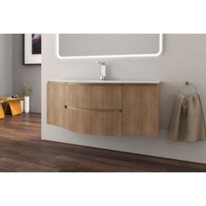 Ensemble sous vasque + plan vasque central verre l.138 cm, effet bois stri&eacute;, Vague