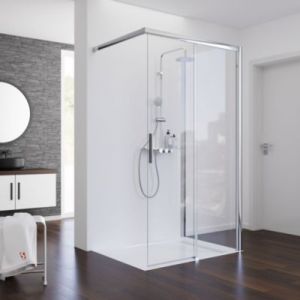 Porte de douche coulissante avec paroi lat&eacute;rale ouverture droite l.140+90 x H.200 cm, verre transparent anticalcaire profil&eacute; chrom&eacute;, Schulte Imperial