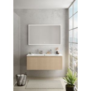 Meuble vasque suspendu plaqué chêne clair strié l.120 cm + plan vasque blanc céramique pour 2 robinets, Pura+