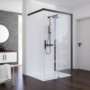 Porte de douche coulissante avec paroi lat&eacute;rale ouverture droite l.140+80 x H.200 cm, verre transparent anticalcaire, profil&eacute; noir, Schulte Imperial