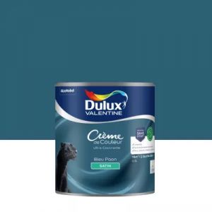 Peinture murs, plafonds, boiseries et radiateurs bleu paon satin Dulux Valentine Cr&egrave;me de couleur 0.5 L