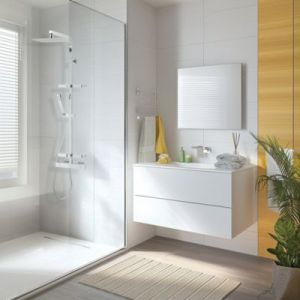 Colonne de douche thermostatique avec tablette, pomme de tête, douchette et flexible, chrome, Valentin Touareg