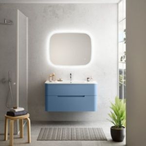 Ensemble salle de bains L. 104 cm meuble sous vasque bleu mat + plan vasque version centre blanc brillant Alba