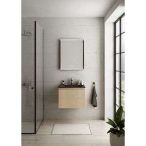Meuble vasque suspendu plaqué chêne clair strié l.60 cm + plan vasque noir mat résine, Pura+