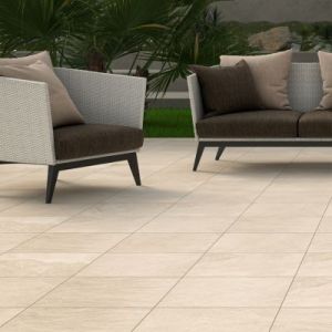 Carrelage sol ext&eacute;rieur en gr&egrave;s c&eacute;rame &eacute;maill&eacute; effet pierre beige l.45 x L.45 x &eacute;p.0,85 cm Avora