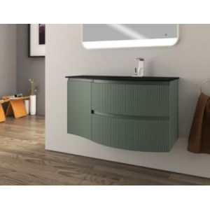Ensemble sous vasque + plan vasque double verre noir l.104 cm, vert mat strié, Vague