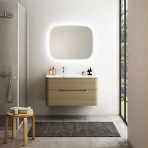 Ensemble salle de bains L. 104 cm meuble sous vasque décor chêne clair + plan vasque à gauche blanc mat Alba