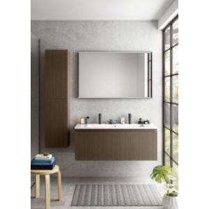 Meuble vasque suspendu plaqué noyer strié l.120 cm + plan vasque blanc céramique pour 2 robinets, Pura+