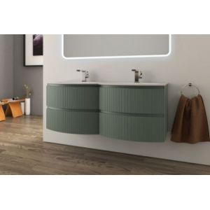Ensemble sous vasque + plan vasque double verre l.138 cm, vert mat strié, Vague