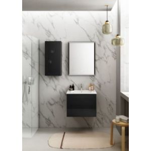 Meuble vasque suspendu noir mat et verre fumé l.60 cm + plan vasque blanc brillant résine, Pura+