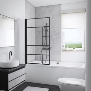 Pare-baignoire pivotant 1 volet, 80 x 140 cm, style verri&egrave;re industrielle, verre transparent anticalcaire 5 mm, profil&eacute; noir mat, Schulte Atelier