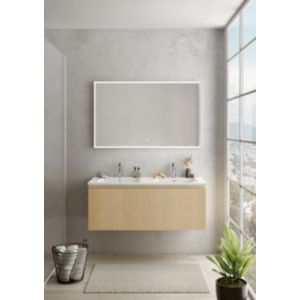 Meuble vasque suspendu plaqué chêne clair strié l.120 cm + plan double vasque blanc céramique, Pura+