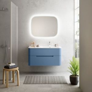 Ensemble salle de bains L. 104 cm meuble sous vasque bleu mat + plan vasque à droite blanc brillant Alba