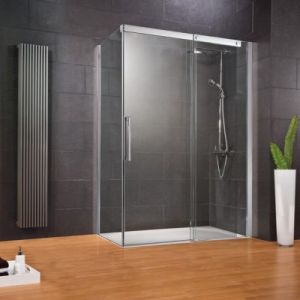 Porte de douche coulissante avec paroi latérale ouverture droite l.120+90xH.200 cm verre anticalcaire, profilé chromé, Schulte MasterClass