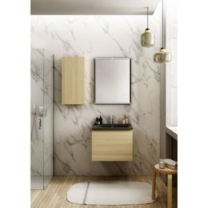 Meuble vasque suspendu effet chêne l.60 cm + plan vasque noir mat résine, Pura+