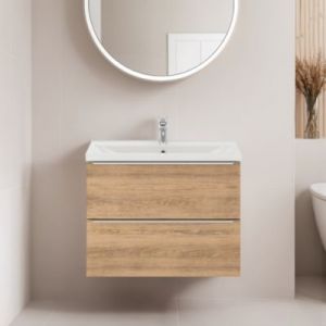 Meuble vasque suspendu faible profondeur effet ch&ecirc;ne l.80 cm Imandra + plan vasque blanc c&eacute;ramique Nira, GoodHome