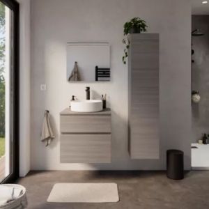 Meuble vasque faible profondeur suspendu effet ch&ecirc;ne clair l.60 cm + plan de toilette, Calao