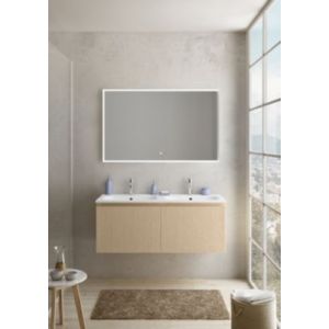 Meuble vasque suspendu plaqué chêne clair strié l.120 cm + plan double vasque blanc brillant résine, Pura+