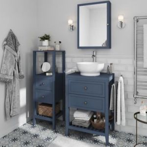 Meuble sous vasque à poser 2 tiroirs 1 niche bleu mat l.60 cm + plan de toilette, GoodHome Perma