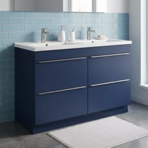 Meuble vasque &agrave; poser bleu nuit mat l.120 cm Imandra + plan double vasque blanc c&eacute;ramique Nira, GoodHome