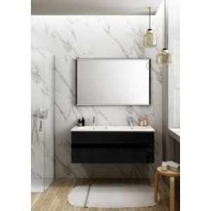 Meuble vasque suspendu noir mat et verre fumé l.120 cm + plan double vasque blanc céramique, Pura+