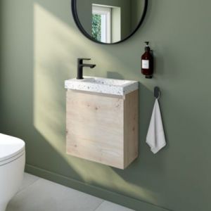 Meuble lave mains effet chêne artisan l.45 cm + plan vasque lave mains terrazzo, Calao